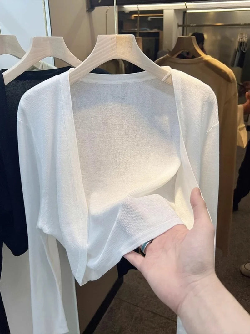 Short Ice Silk Knitted Sun Protection Cardigan Women's Thin Summer Suspender Skirt Layered Gauze Jacket Air-conditioned Cover Up
