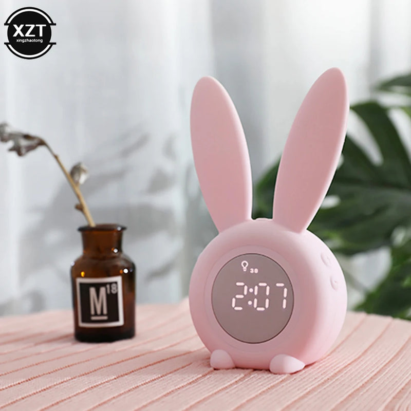 Mini Cartoon LED Digital Alarm Clock Electronic LED Display Sound Control  Cute Rabbit Night Lamp Desk Rechargeable Clock