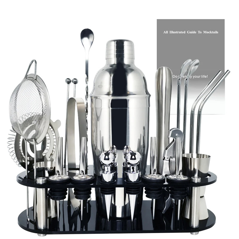 Boston Cocktail Shaker Bar Tools Wine Mixer Set Bartender Cocktail Shaker Tool Kit with Holder. - 13-22Pcs 750ml 600ml