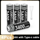 Type-C Rechargeable Lithium Battery for Camera Remote Control Smart Door Lock Microphone Mouse. - 3400mWh 1.5V AA USB