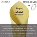 Personalized wedding confetti cones with names and date,
