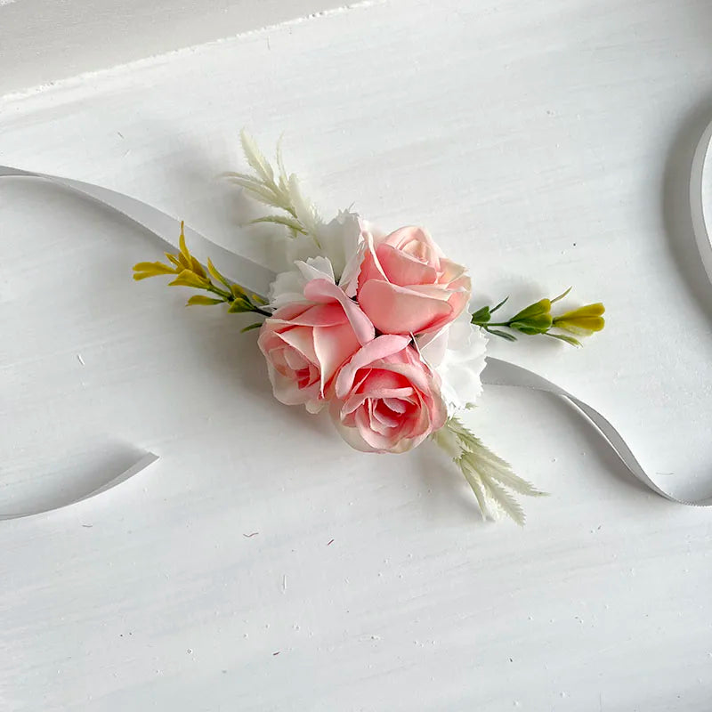 Bride groom wedding accessories wrist corsage bracelet cuff flower bridesmaid boutonniere Men Pins Silk Roses Artificial Flowers