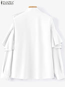 Vintage Solid Office Blouse Women Ruffled Stitching Street Shirts Spring 3D Long Sleeve Tops Casual Loose Buttons Tunics - ZANZEA