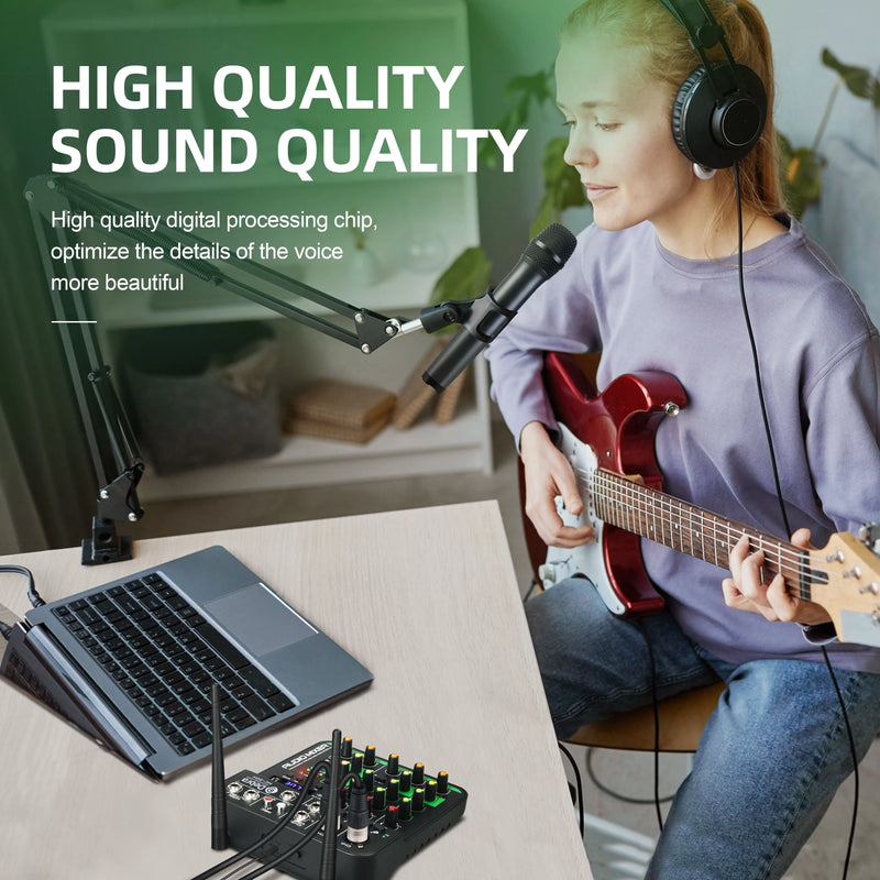 4 Channel UHF Audio Mixer With 2 Wireless Microphone Soundcard USB Delay Repaeat Effect Sound Mixing Console PC Recording
