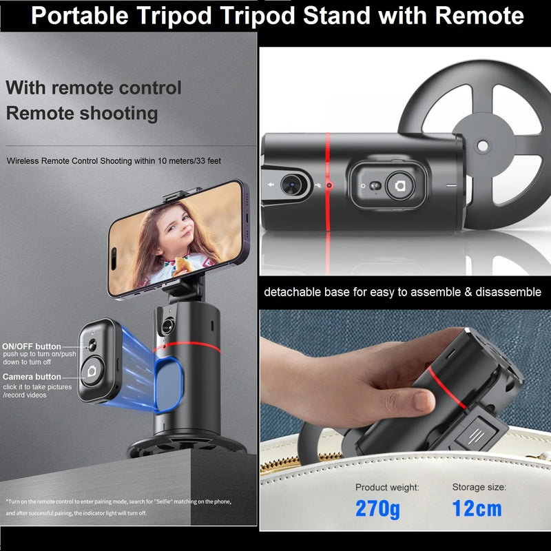 Auto Face Tracking Tripod 360° Rotation, AI Follow-up Selfie Desktop Face Tracking Phone Holder Gimbal Stabilizer for Phone