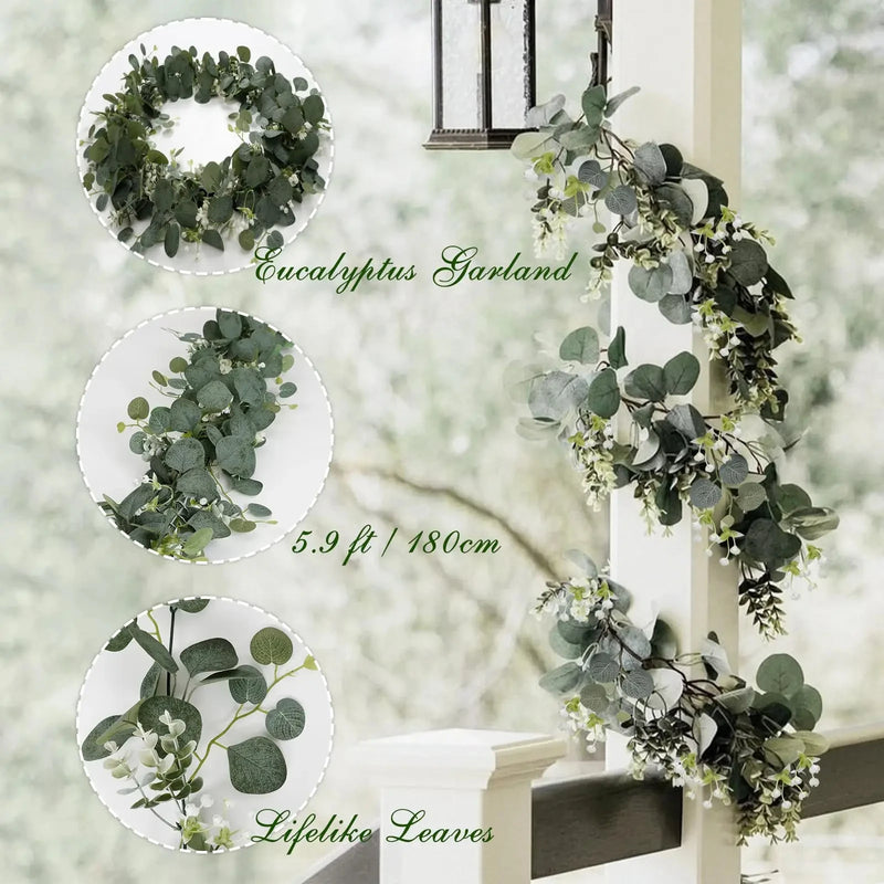 1pc Artificial Eucalyptus Leaves Greenery Garland Faux Plant Spring Vines with White Flowers Berries for Wedding Home Party Deco