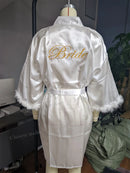 White bridal robe with feathers for wedding, satin robe for women,
