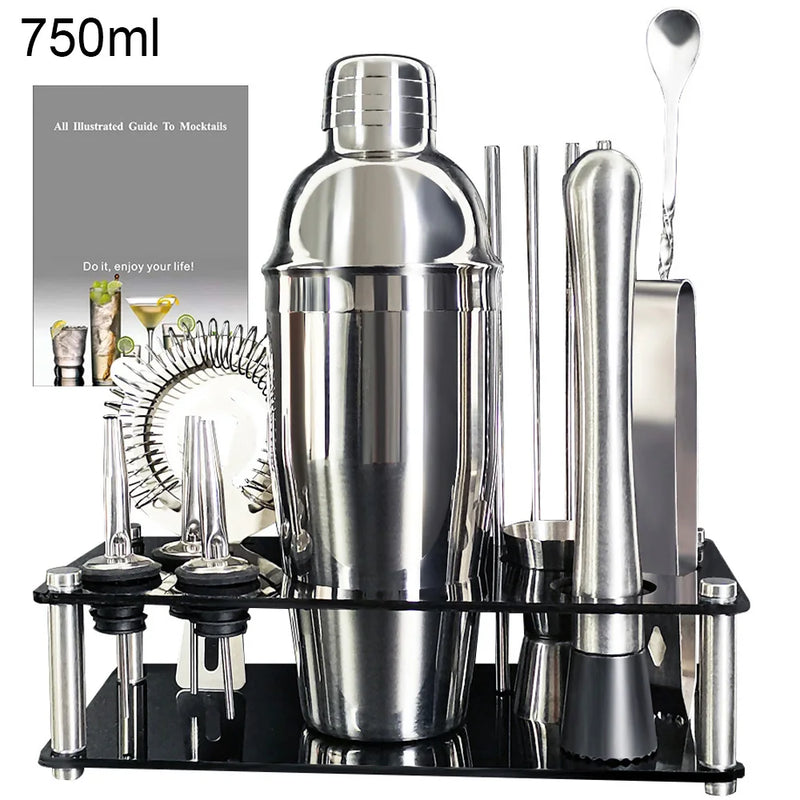 Boston Cocktail Shaker Bar Tools Wine Mixer Set Bartender Cocktail Shaker Tool Kit with Holder. - 13-22Pcs 750ml 600ml
