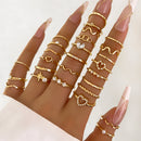 28pcs/Set Fashionable Heart Love Star Rhinestone Simple Wave Metal Circle Hollow Geometric Multi-Element Style Rings For Women