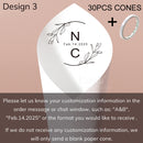 Personalized wedding confetti cones with names and date,