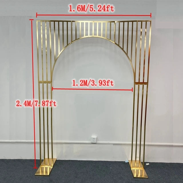 Wedding background decoration with wrought iron frame, shiny arches, golden shelf,