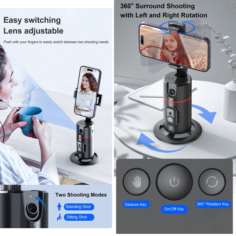 Auto Face Tracking Tripod 360° Rotation, AI Follow-up Selfie Desktop Face Tracking Phone Holder Gimbal Stabilizer for Phone