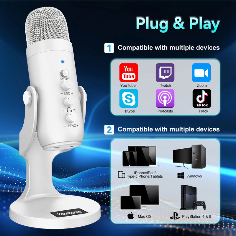 Professional White USB Condenser Microphone Studio Recording Mic for PC Computer Phone Gaming Streaming Podcast Youtube - Haomuren