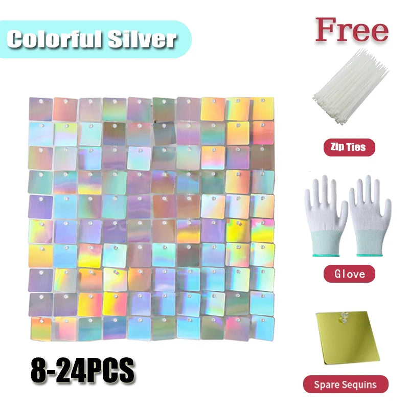Square glitter wall background with shiny decorative panels,