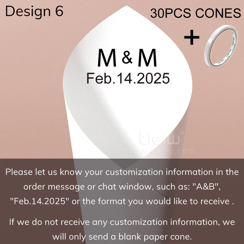 Personalized wedding confetti cones with names and date,