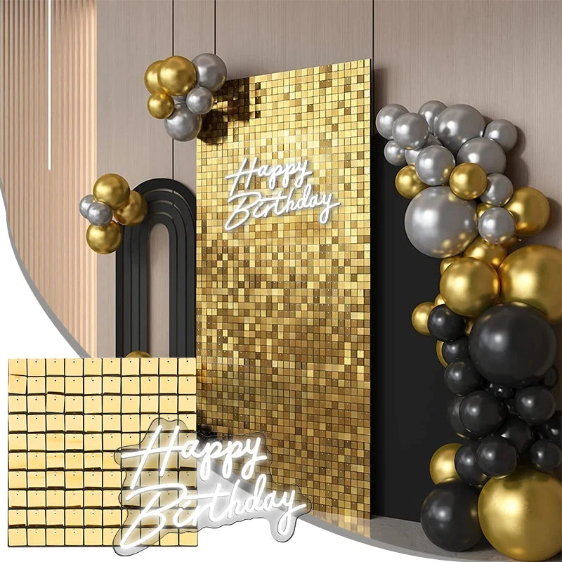 Square glitter wall background with shiny decorative panels,