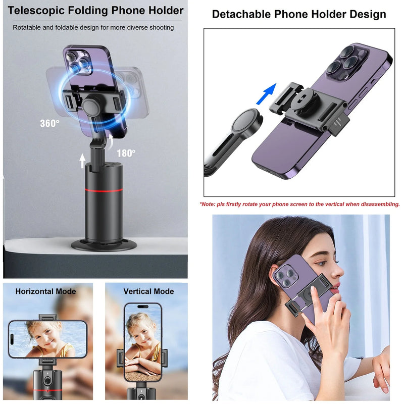 Auto Face Tracking Tripod 360° Rotation, AI Follow-up Selfie Desktop Face Tracking Phone Holder Gimbal Stabilizer for Phone