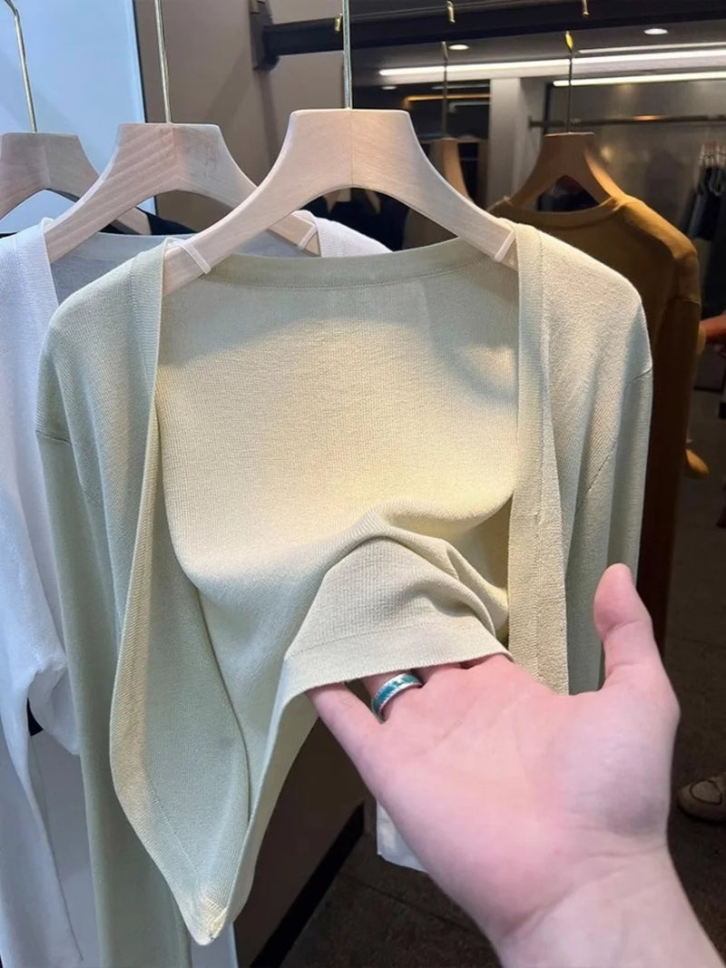 Short Ice Silk Knitted Sun Protection Cardigan Women's Thin Summer Suspender Skirt Layered Gauze Jacket Air-conditioned Cover Up