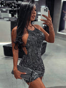 Kliou Tassel Patchwork Shiny Mini Dress Women Halter Bandage Stunning Backless Sleeveless Skinny Vestido Female Party Clubwear