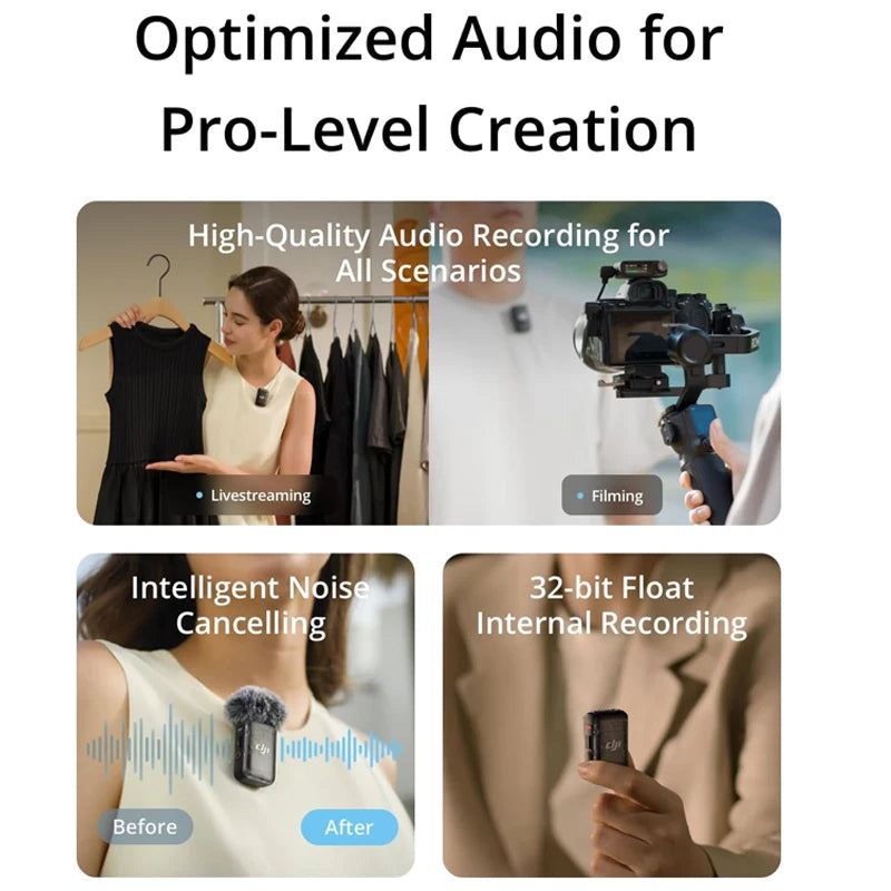 DJI Mic 2 Wireless Microphone with Intelligent Noise Cancelling 32-bit Float Internal Recording Optimized Sound 250m Range