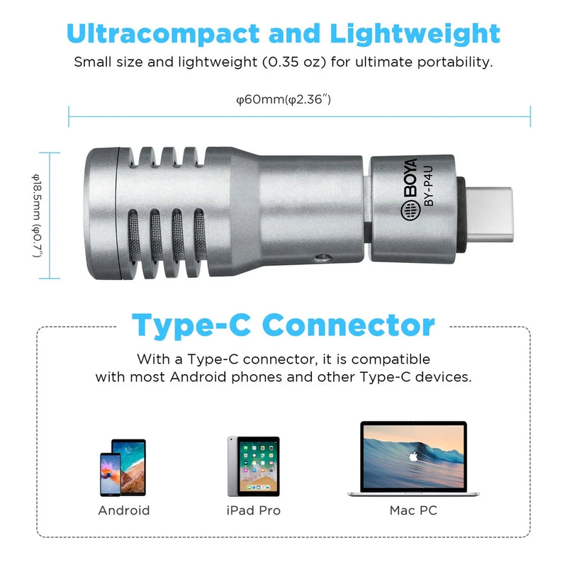 BOYA BY-P4U Omnidirectional Condenser Plug and Play Microphone Type-C Mini Mic for Android Smartphone Tablets Vlog Broadcast