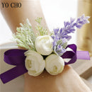 YO CHO Purple Bridesmaid Wrist Flowers Handmade Wedding Corsages and Boutonnieres Brooch Artificial Rose Bride Groom Boutonniere