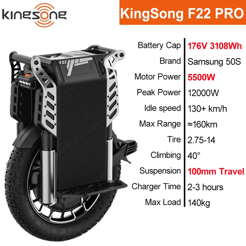 Newest KingSong F22 Pro 176V 3108Wh 50S Battery 5500W Motor 130+ km/h Idle Speed 100mm Travel Suspension 2.75-14 Tire Unicycle