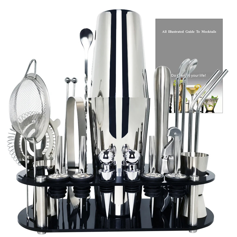 Boston Cocktail Shaker Bar Tools Wine Mixer Set Bartender Cocktail Shaker Tool Kit with Holder. - 13-22Pcs 750ml 600ml
