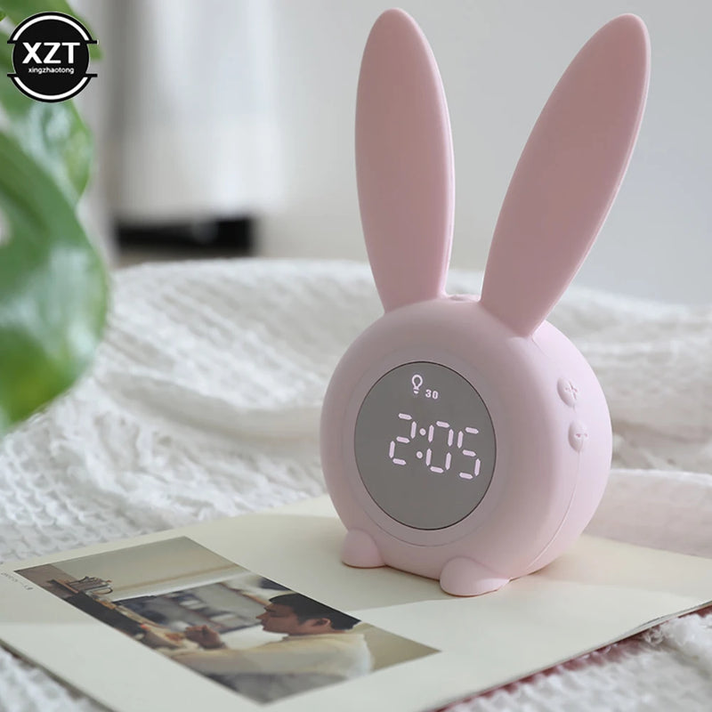 Mini Cartoon LED Digital Alarm Clock Electronic LED Display Sound Control  Cute Rabbit Night Lamp Desk Rechargeable Clock